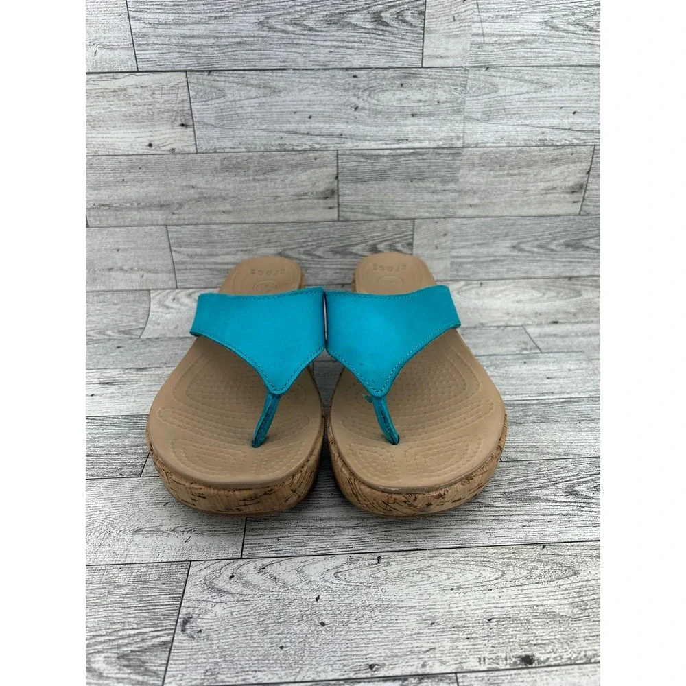 Crocs A-Leigh Leather Platform Flip Flop Wedge Sandals Turquoise Womens 8 14933